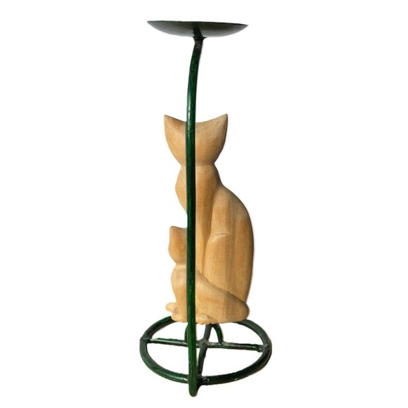 Vintage Wood Carved Cats & Candle Holder Artisan Handcrafted Modernist - Picture 3 of 13